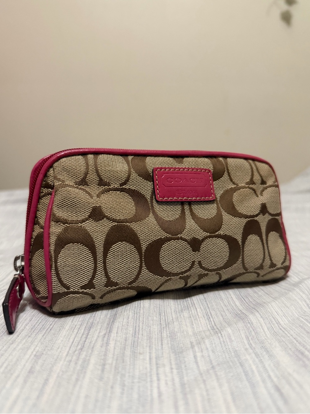 Vintage Coach Beige/Brown Signature Cosmetic Pouch with Pink Trim